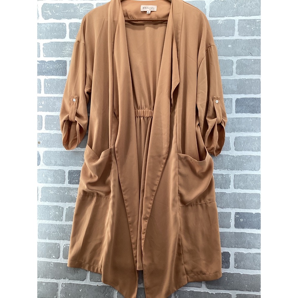 Philosophy Republic Clothing Duster Cardigan Brown Roll Tab Sleeve‎ Open Front S